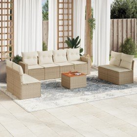 Set de sofás de jardín 9 pzas con cojines ratán sintético beige