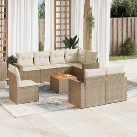 Set de sofás de jardín 9 pzas con cojines ratán sintético beige Set de sofás de jardín 9 pzas con cojines ratán sintético beige