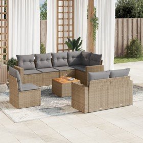 Set de sofás de jardín 9 pzas con cojines ratán sintético beige