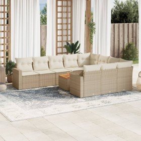 Set de sofás de jardín 11pzas con cojines ratán sintético beige