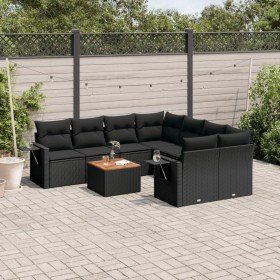 Set de sofás de jardín 8 piezas y cojines ratán sintético negro