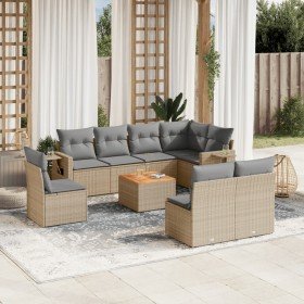 Set de sofás de jardín 9 pzas con cojines ratán sintético beige Set de sofás de jardín 9 pzas con cojines ratán sintético beige