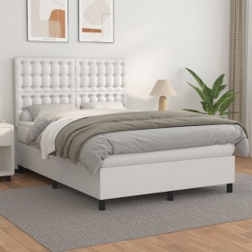 Cama box spring con colchón cuero sintético blanco 140x190 cm