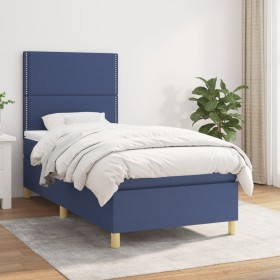 Cama box spring con colchón tela azul 100x200 cm