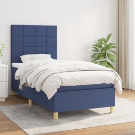 Cama box spring con colchón tela azul 100x200 cm