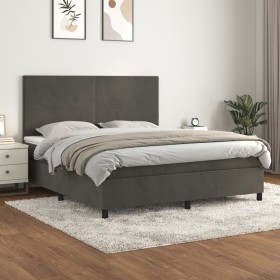Cama box spring con colchón terciopelo gris oscuro 180x200 cm