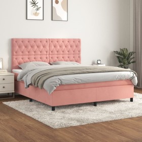 Cama box spring con colchón terciopelo rosa 160x200 cm