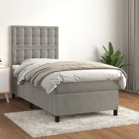 Cama box spring con colchón terciopelo gris claro 100x200 cm