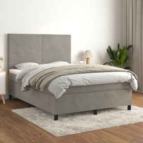 Cama box spring con colchón terciopelo gris claro 140x190 cm