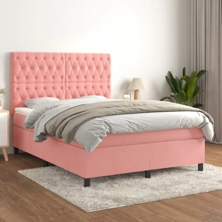 Box spring bed with pink velvet mattress 140x190 cm by vidaXL, Beds and slatted bases - Ref: Foro24-3143204, Price: 535,79 €,...
