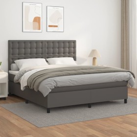Cama box spring con colchón cuero sintético gris 180x200 cm