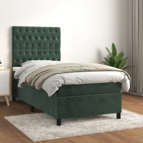 Cama box spring con colchón terciopelo verde oscuro 100x200 cm