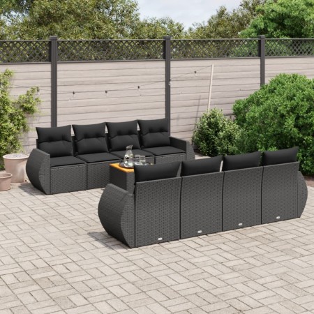 Set de sofás de jardín 8 piezas y cojines ratán sintético negro