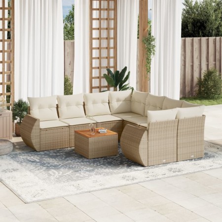 Set de sofás de jardín 9 pzas con cojines ratán sintético beige