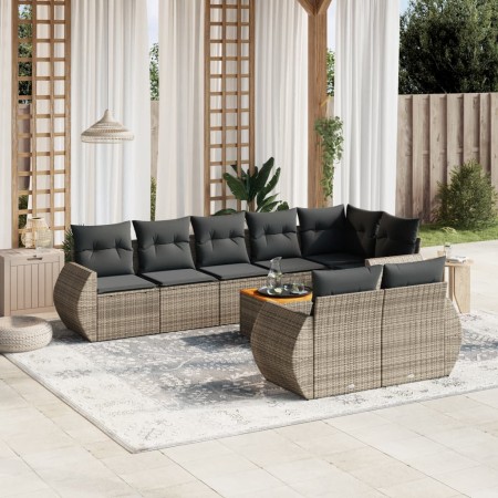 Set de muebles de jardín 9 pzas y cojines ratán sintético gris