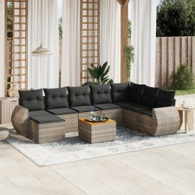 Set de muebles de jardín 9 pzas y cojines ratán sintético gris