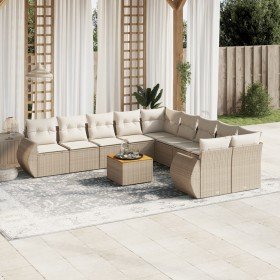 Set de sofás de jardín 11pzas con cojines ratán sintético beige