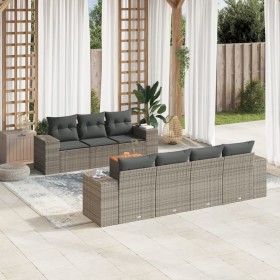 Set de sofás de jardín 8 pzas y cojines ratán sintético gris