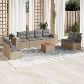 Set de sofás de jardín 9 pzas con cojines ratán sintético beige