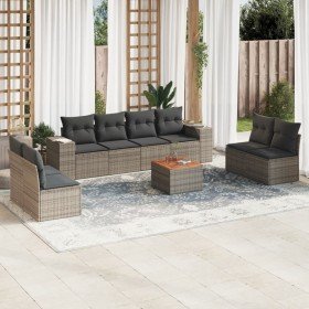 Set de muebles de jardín 9 pzas y cojines ratán sintético gris