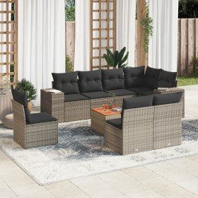 Set de muebles de jardín 9 pzas y cojines ratán sintético gris en Conjuntos de jardín | Comprar online en Foro24