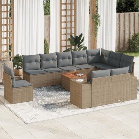 Set de sofás de jardín 11pzas con cojines ratán sintético beige