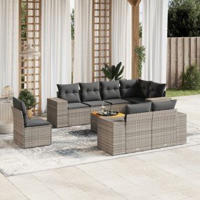 Set de muebles de jardín 9 pzas y cojines ratán sintético gris