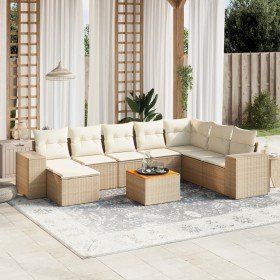 Set de sofás de jardín 9 pzas con cojines ratán sintético beige