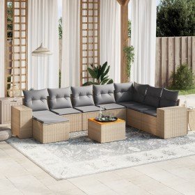 Set de sofás de jardín 9 pzas con cojines ratán sintético beige Set de sofás de jardín 9 pzas con cojines ratán sintético beige