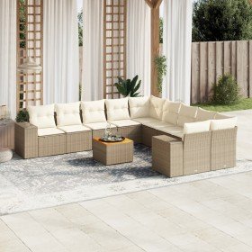 Set de sofás de jardín 11pzas con cojines ratán sintético beige Set de sofás de jardín 11pzas con cojines ratán sintético beige