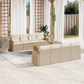 Set de sofás de jardín 9 pzas con cojines ratán sintético beige