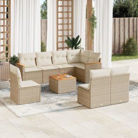 Set de sofás de jardín 9 pzas con cojines ratán sintético beige