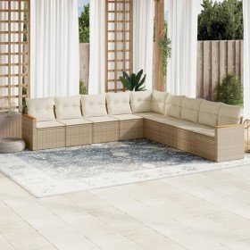 Set de sofás de jardín 9 pzas con cojines ratán sintético beige Set de sofás de jardín 9 pzas con cojines ratán sintético beige