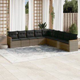 Set de muebles de jardín 9 pzas y cojines ratán sintético gris