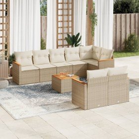 Set de sofás de jardín 9 pzas con cojines ratán sintético beige