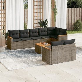 Set de muebles de jardín 9 pzas y cojines ratán sintético gris