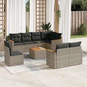 Set de muebles de jardín 9 pzas y cojines ratán sintético gris