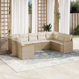 Set de sofás de jardín 9 pzas con cojines ratán sintético beige