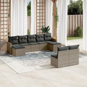 Set de muebles de jardín 9 pzas y cojines ratán sintético gris en Conjuntos de jardín | Comprar online en Foro24