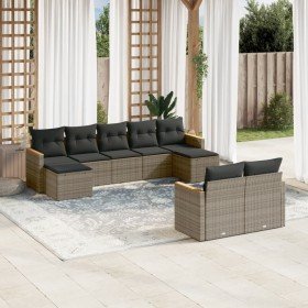 Set de muebles de jardín 9 pzas y cojines ratán sintético gris Set de muebles de jardín 9 pzas y cojines ratán sintético gris