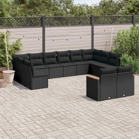 Set de sofás de jardín 12 piezas cojines ratán sintético negro