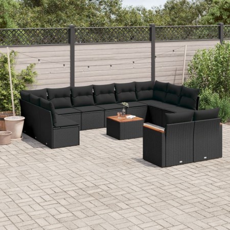 Set de sofás de jardín y cojines 13 pzas ratán sintético negro