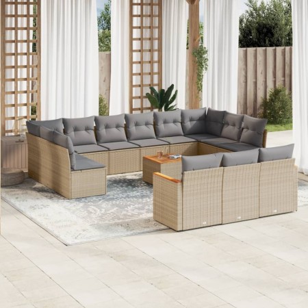 Set sofás jardín 14 pzas y cojines ratán sintético beige mezcla