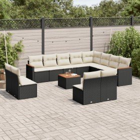 Set de sofás de jardín y cojines 13 pzas ratán sintético negro
