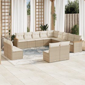 Set sofás de jardín con cojines 13 pzas ratán sintético beige