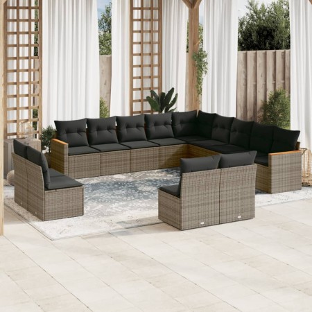 Set sofás de jardín con cojines 13 piezas ratán sintético gris