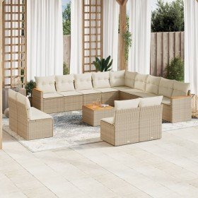 Set sofás de jardín 14 pzas con cojines ratán sintético beige