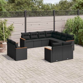 Set de sofás de jardín 11 pzas y cojines ratán sintético negro