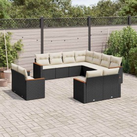 Set de sofás de jardín 11 pzas y cojines ratán sintético negro