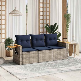 Set de sofá de jardín 3 pzas y cojines ratán sintético gris